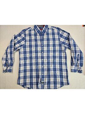 Izod Mens Blue & White Plaid Long Sleeve Button-Down Shirt Size M 100% Cotton
